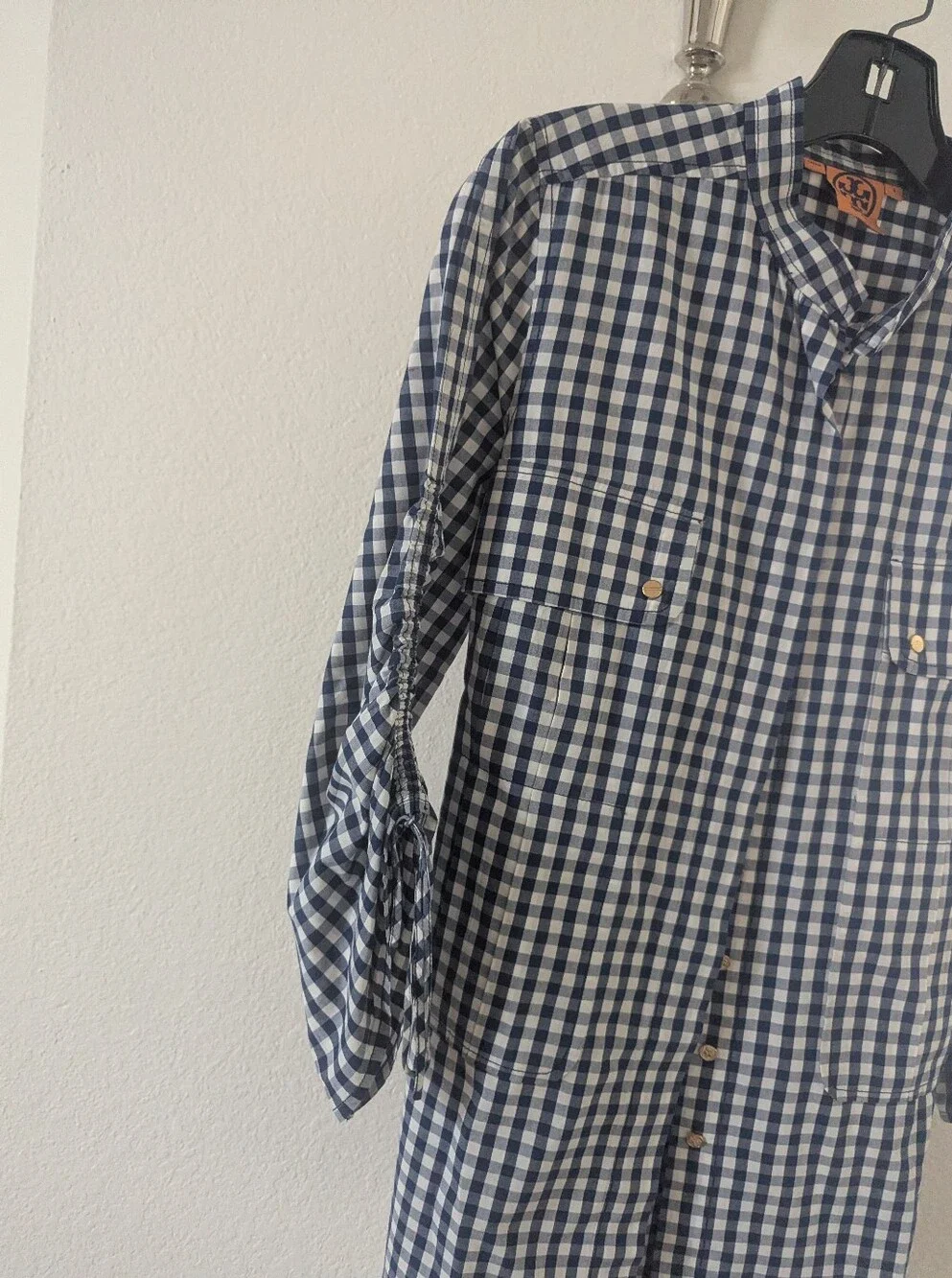 Tory Burch Striped Cotton Shirt With Chest Pocket Plaid Gray Size Small